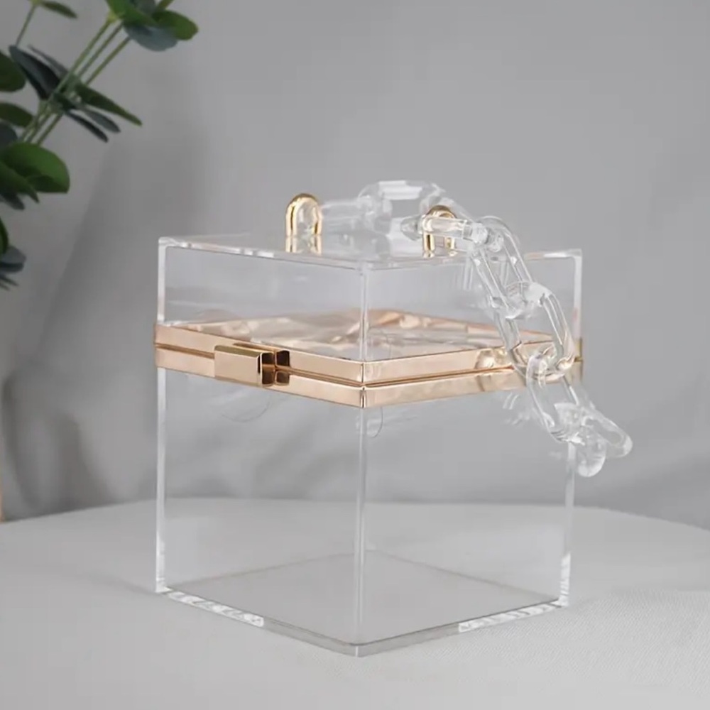 Clear acrylic chain bag box purse bag clutch gold trim chain handle